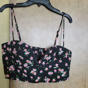Zara crop bustier top. Black with pink flowers. Medium